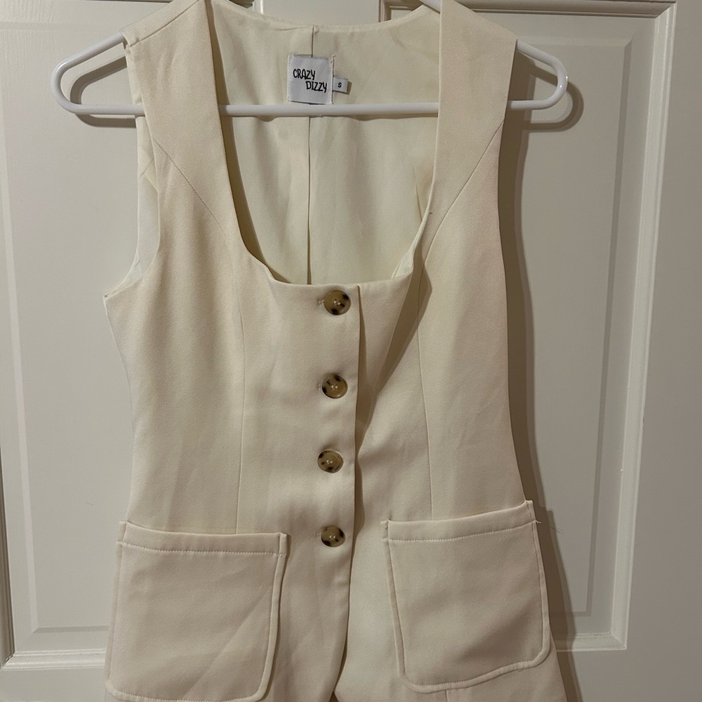 Cream Button-Down Vest with Pockets and Matching Skirt